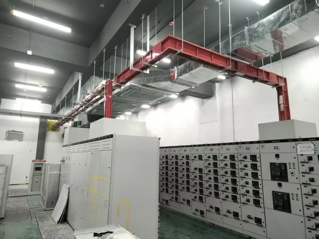 Busway installation in electrical room – proper hanger spacing and phase labels